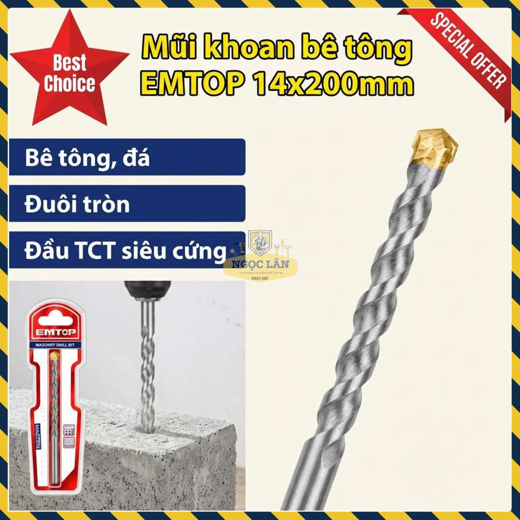 Mũi Khoan Bê Tông EMTOP Đầu TCT Đuôi Tròn 14x200mm ECDB021420