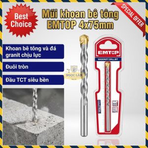 Mũi Khoan Bê Tông Đuôi Tròn EMTOP 4x75mm Đầu TCT (ECDB020475)