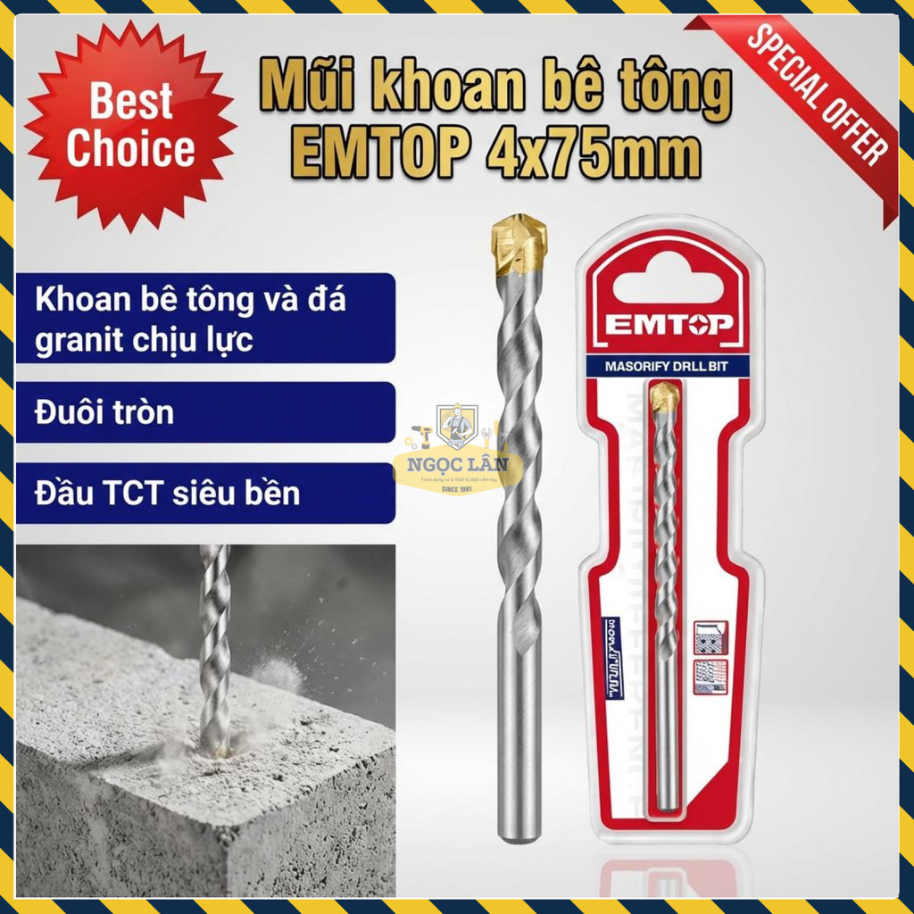 Mũi Khoan Bê Tông Đuôi Tròn EMTOP 4x75mm Đầu TCT (ECDB020475)