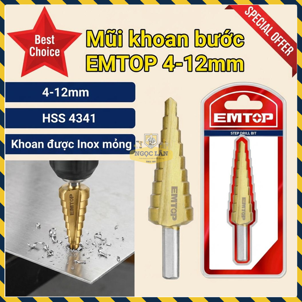 Mũi Khoan Bước EMTOP ESDL41233 Khoan Được Inox Mỏng 4-12mm