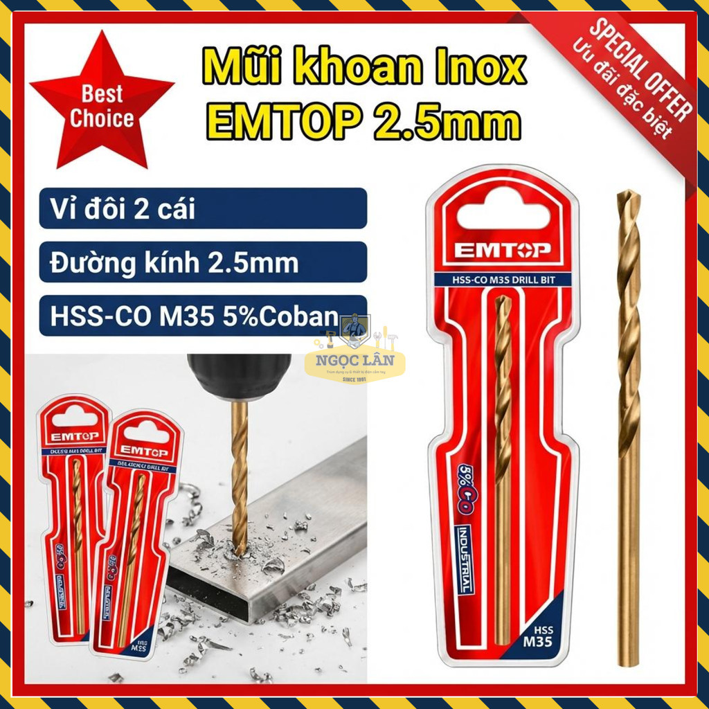 Mũi Khoan Inox HSS-CO M35 EMTOP 2.5mm (2 cái) ETDB130251