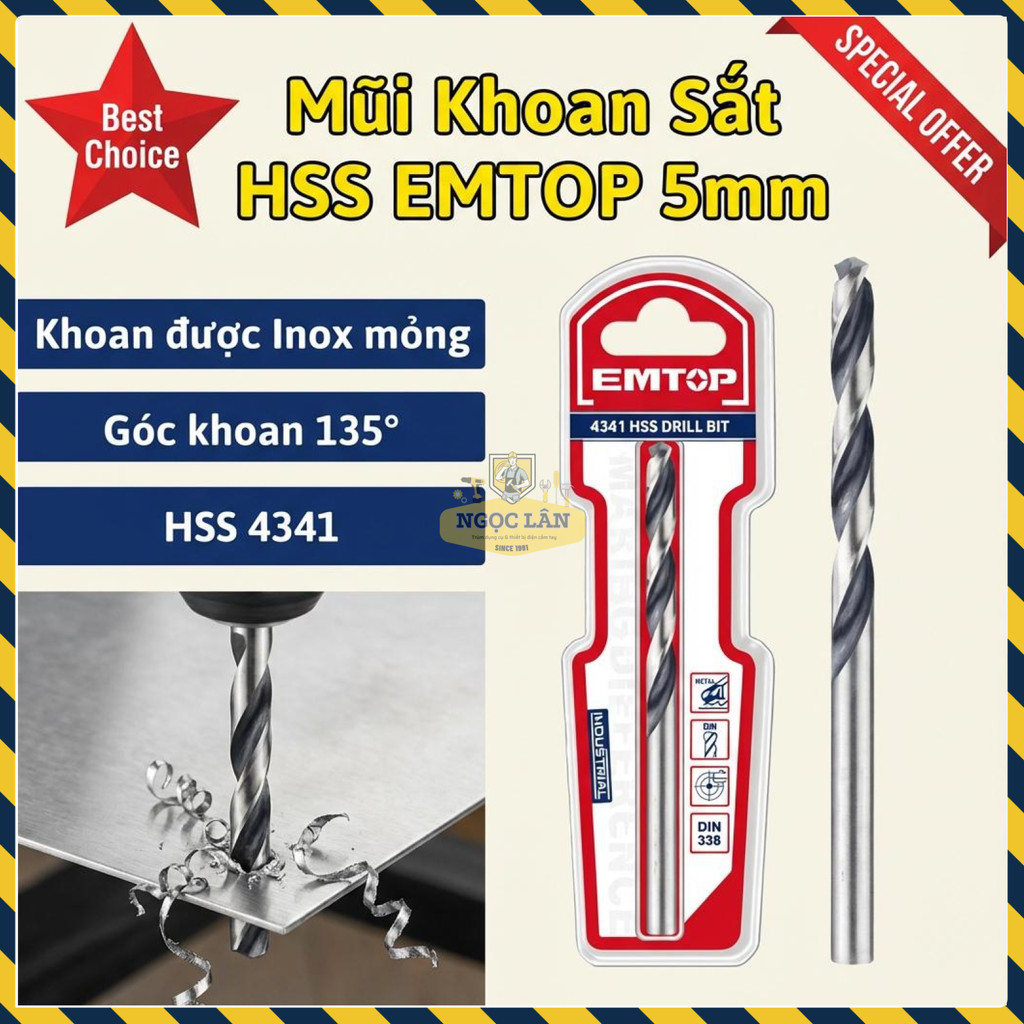 Mũi Khoan Sắt HSS EMTOP 5mm ETDB310502 (Khoan Inox Mỏng)