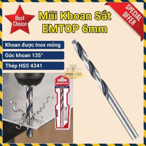 Mũi Khoan Sắt HSS EMTOP ETDB310602 6mm Khoan Inox Mỏng 135 Độ
