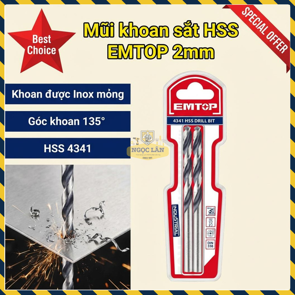 Mũi Khoan Sắt HSS 2mm EMTOP ETDB310202 (2 Cái/Bộ) cho Inox Mỏng