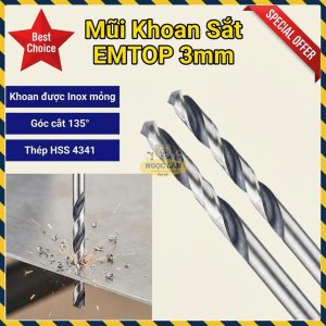 Mũi Khoan HSS EMTOP ETDB310302 (3mm, 2 Cái/Bộ) Sắt Inox Mỏng