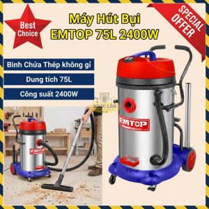 Máy Hút Bụi Công Nghiệp EMTOP EVCR2401 75L 2400W Inox Ướt Khô