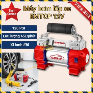 EMTOP Máy Bơm Lốp Xe 12V EAAC4501 Xi Lanh Đôi 45L/Phút