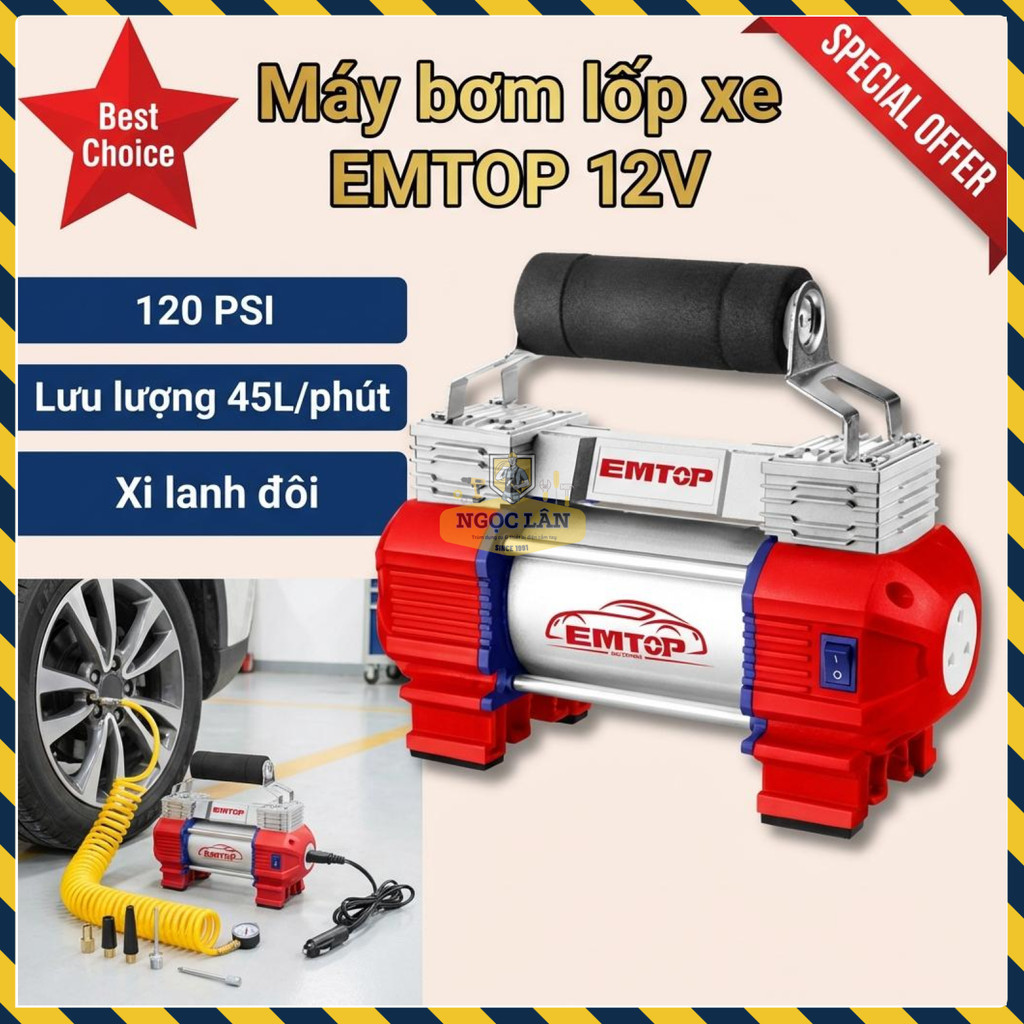EMTOP Máy Bơm Lốp Xe 12V EAAC4501 Xi Lanh Đôi 45L/Phút
