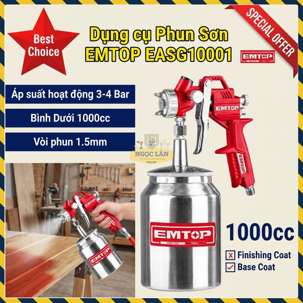 Súng Phun Sơn EMTOP EASG10001 1.5mm Bình Dưới 1000cc Sơn Lót
