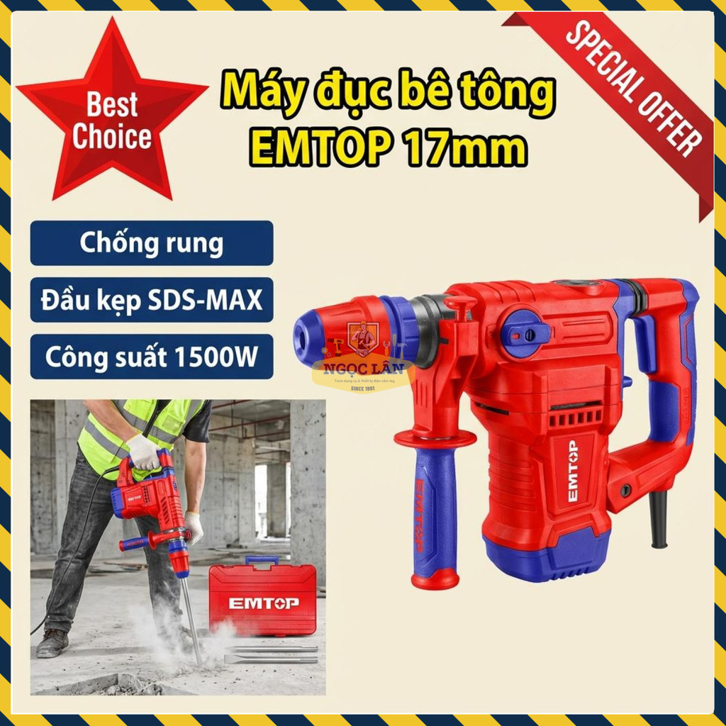 Máy Đục Bê Tông 17mm EMTOP EDBRM1501, 1500W, Chống Rung