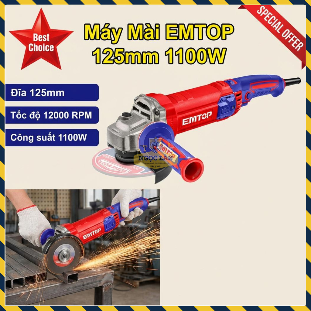 Máy Mài EMTOP Tay Dài 125mm, 1100W, Điều Chỉnh Tốc Độ (EAGRS11053)