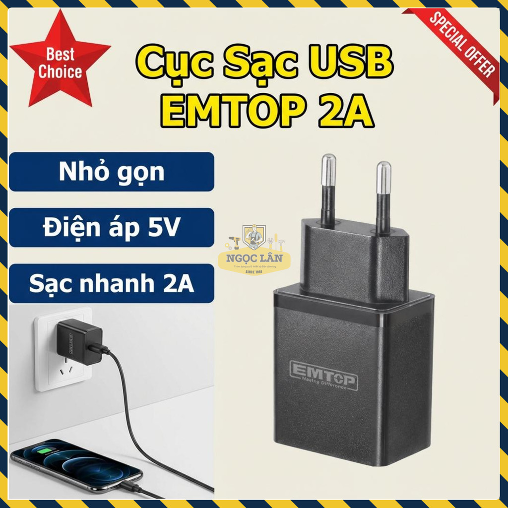 Sạc USB EMTOP 2A Sạc Nhanh An Toàn Tiện Lợi EFCR120502