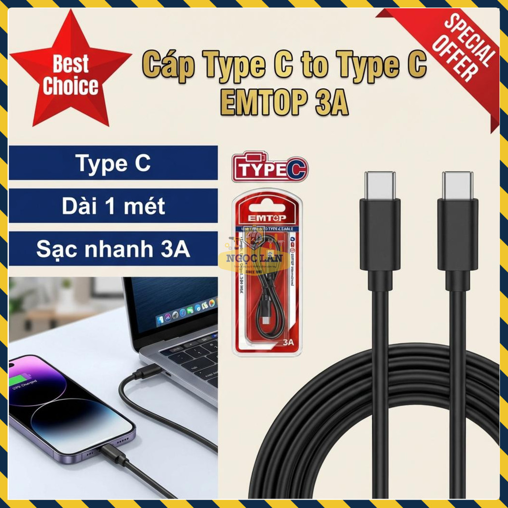 Cáp Sạc Nhanh Type C to Type C EMTOP EUCC02 3A Dài 1M