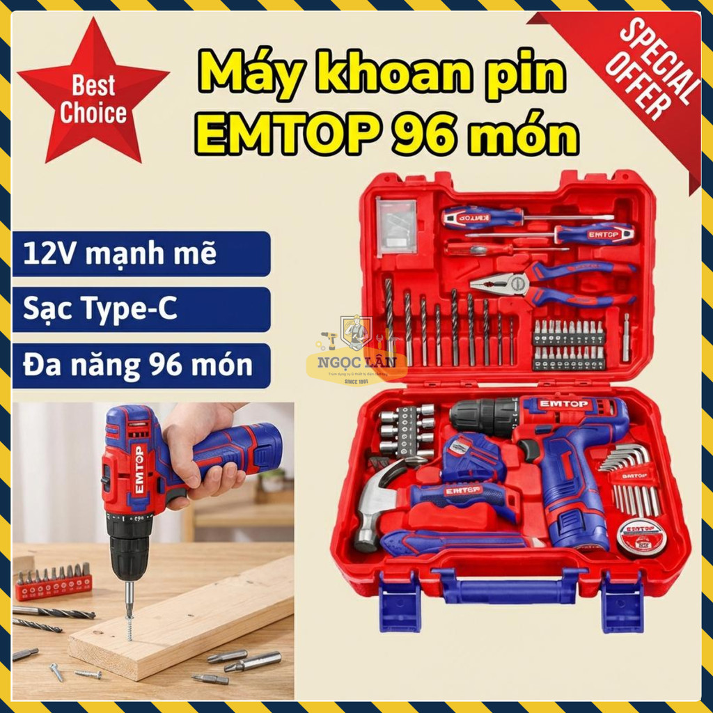 EMTOP Bộ Máy Khoan Pin 10mm Type-C Kèm 96 Món Đồ Nghề EEDK09601