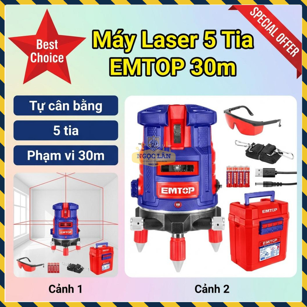 Máy Laser 5 Tia EMTOP ESLE53001, Phạm Vi 30m, Tự Cân Bằng