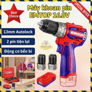 Khoan Pin EMTOP 13mm 16.8V, Động Cơ Không Chổi Than, Kèm 2 Pin (ECIDL16682)