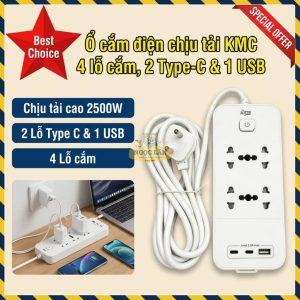 Ổ cắm KMC 4 lỗ, sạc nhanh 2 Type-C 1 USB, tải cao, Model 90472