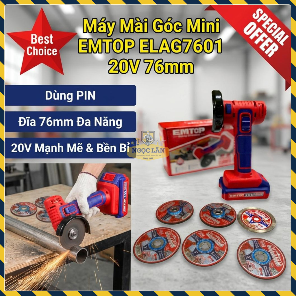Máy Mài Góc EMTOP 20V Pin D76mm 19500 RPM Thân Máy ELAG7601