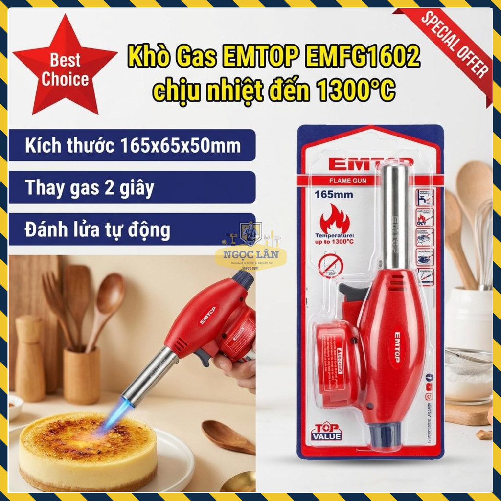 Khò Gas Cầm Tay EMTOP EMFG1602 Đánh Lửa Tự Động, Chỉnh Nhiệt 1300°C