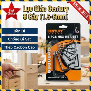 Bộ Lục Giác Century 8 Cây, Thép Cacbon Cao Chống Gỉ (Vỉ)