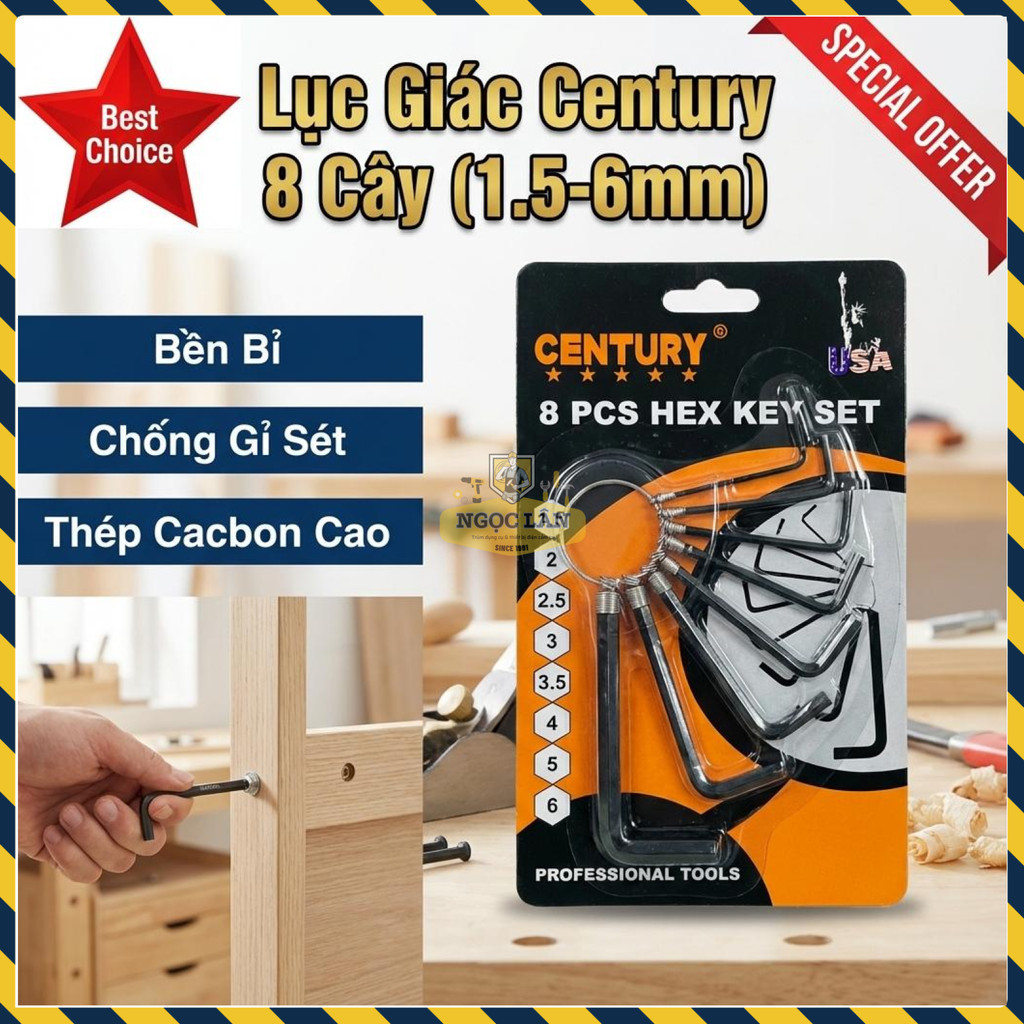Bộ Lục Giác Century 8 Cây, Thép Cacbon Cao Chống Gỉ (Vỉ)