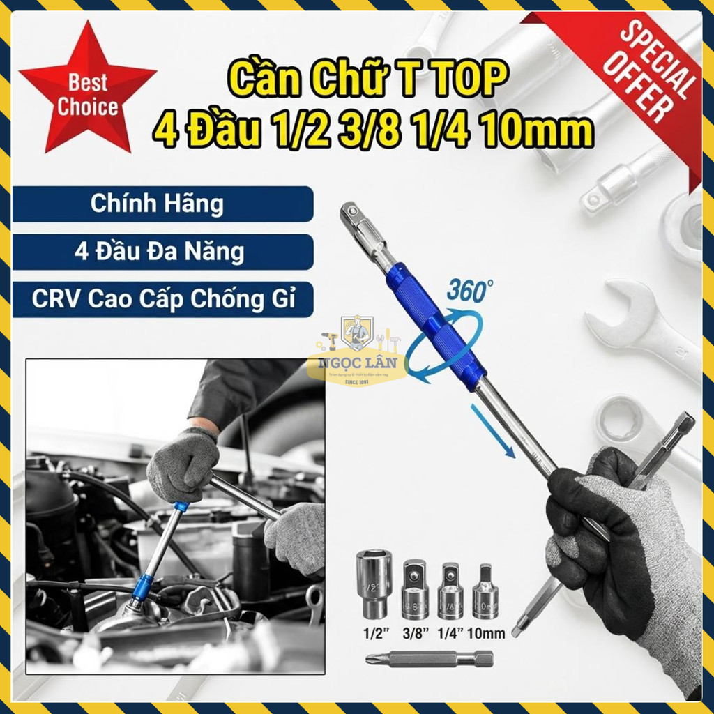 Chính hãng CRV Cần Chữ T Vặn Bulong 4 Đầu Đa Năng 1/2 3/8 1/4 10mm Bền Bỉ