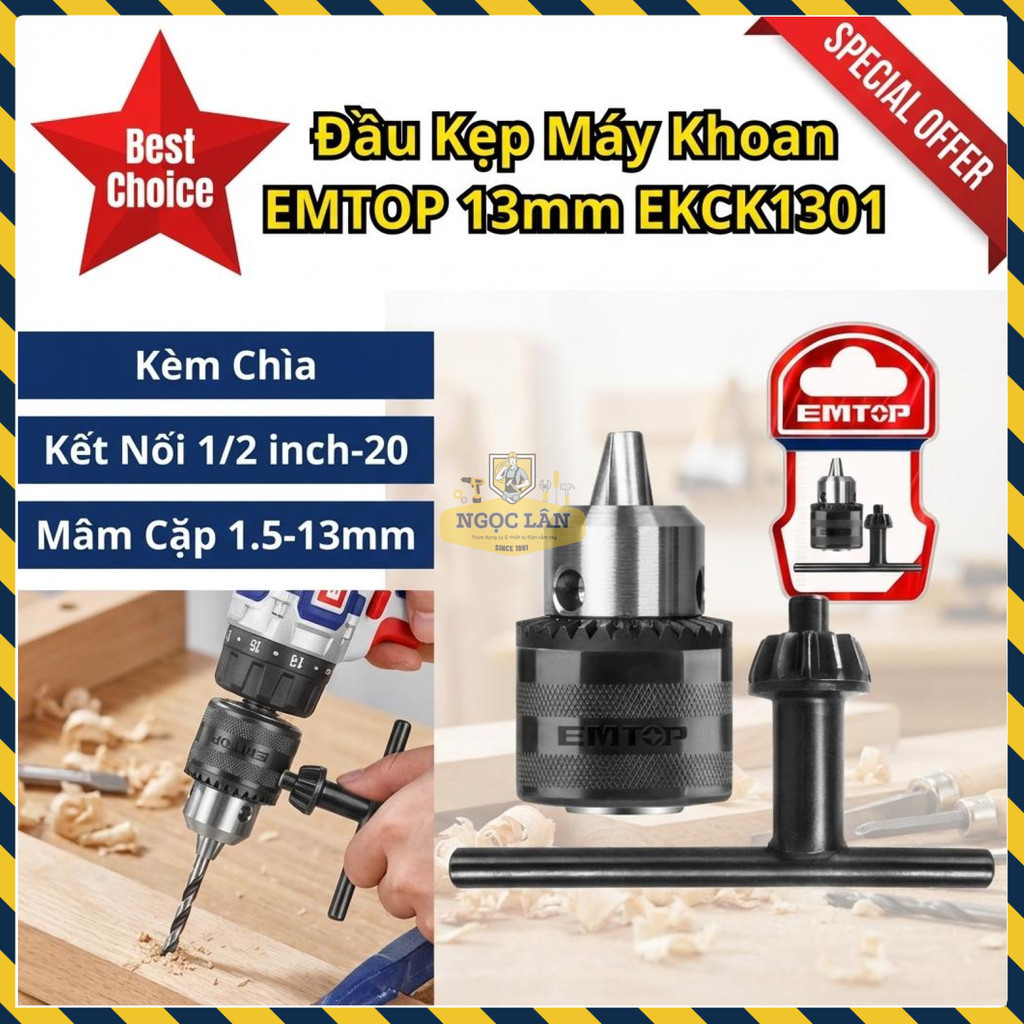 Mâm Cặp Máy Khoan EMTOP 1.5-13mm Kèm Chìa Khóa (EKCK1301)