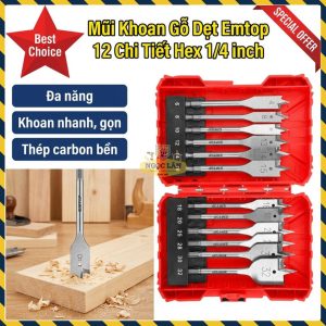 Mũi Khoan Gỗ Dẹt Emtop 12 Chi Tiết, Chuôi Lục Giác 1/4 Inch EWFD41302