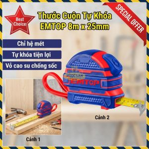 Thước Cuộn Tự Khóa EMTOP EMTP2825 8m x 25mm Vỏ Cao Su Đo Chính Xác