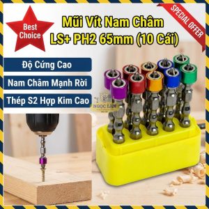 Mũi Vít Nam Châm LS+ Thép S2 PH2 65mm, Vòng Từ Mạnh Tháo Rời, 10 Cái