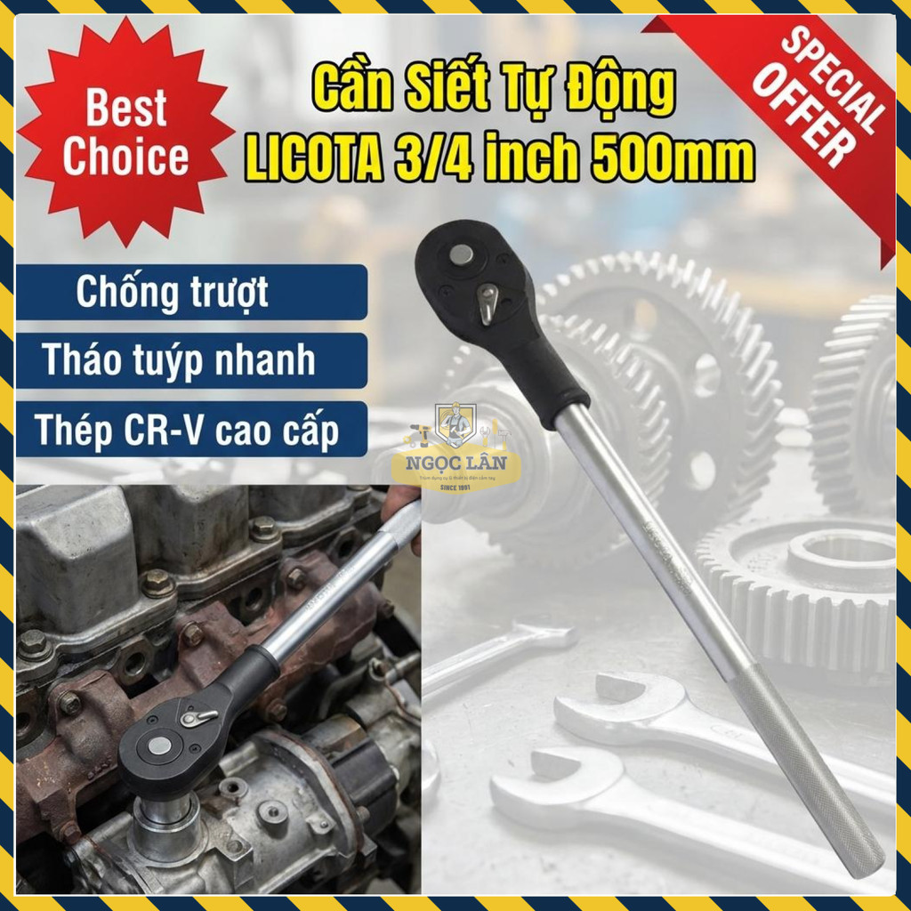Cần Siết Tự Động LICOTA 3/4 inch Đầu Vuông Thép CR-V Dài 500mm