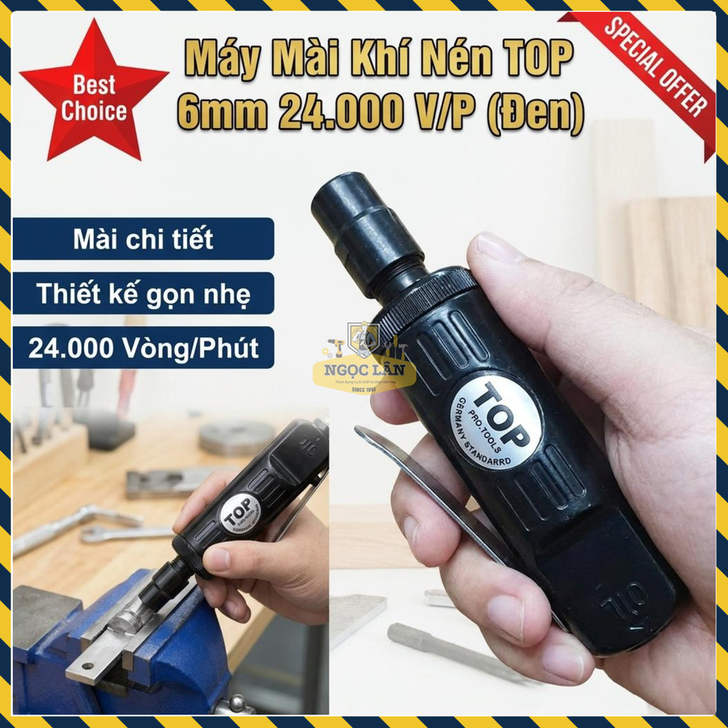 Máy Mài Mini Khí Nén TOP 6mm 24.000 Vòng/Phút Vỏ Nhôm Cứng Đen Chính Hãng