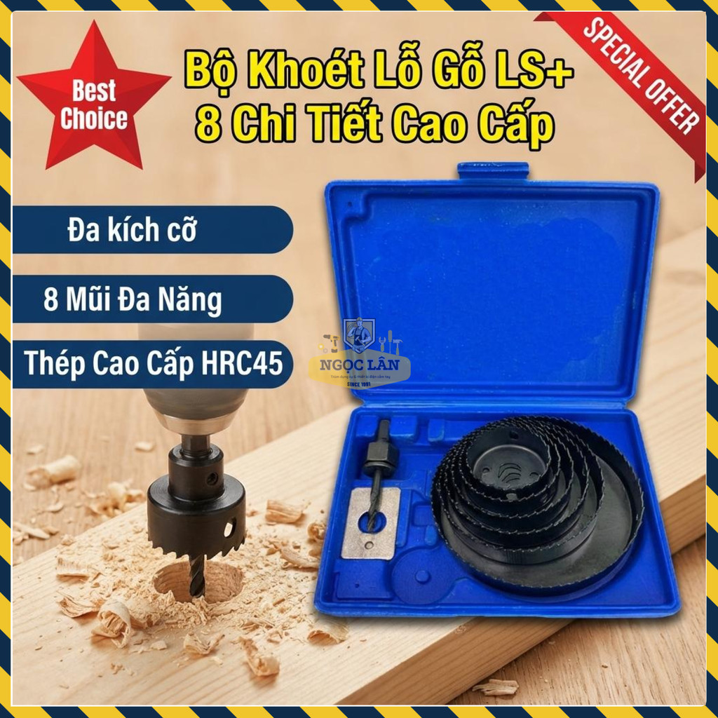 Bộ Khoét Lỗ Gỗ Thạch Cao LS+ 8 Chi Tiết Hợp Kim Cứng Cáp Cao Cấp