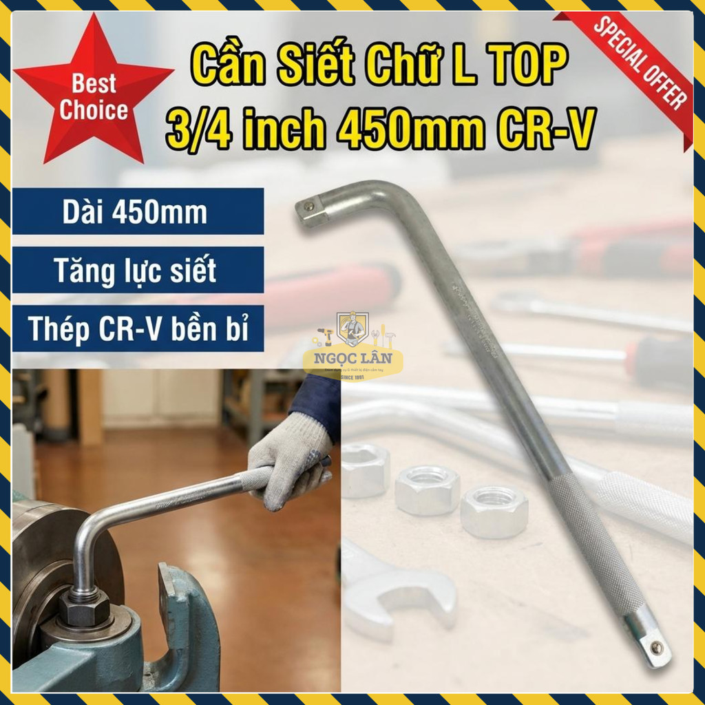 Cần Siết Chữ L TOP 90 Độ, CR-V, 450mm, Đầu Vuông 3/4 inch