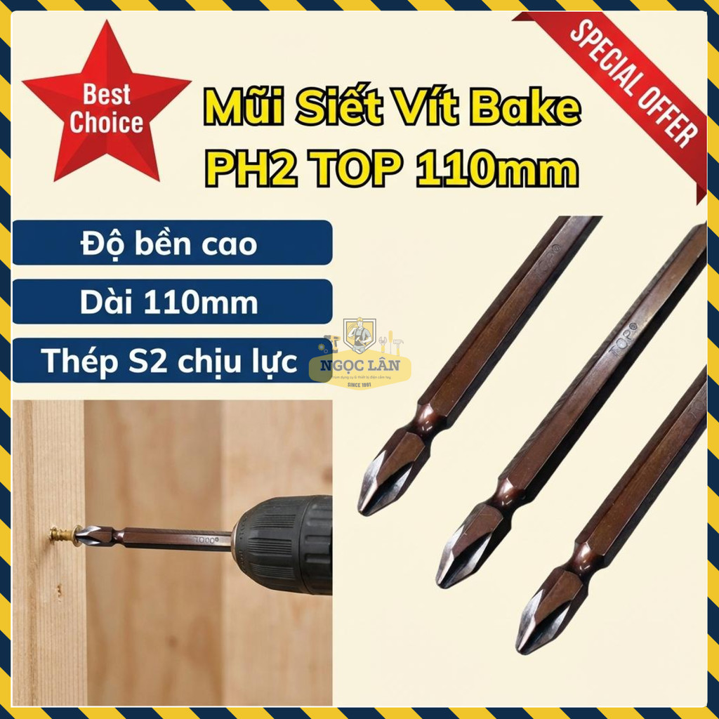 Combo 10 Mũi Siết Vít TOP 2 Đầu Bake PH2 110mm Xi Nâu Chính Hãng