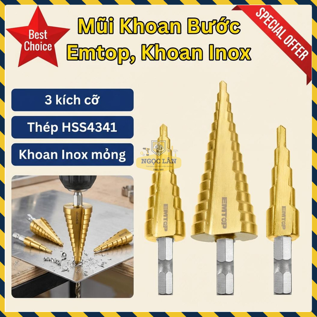 Emtop Bộ 3 Mũi Khoan Bước HSS Khoan Inox Mỏng ESDL80402