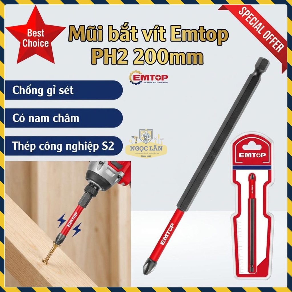 Mũi Vít Tác Động Emtop PH2 200mm Thép S2 (ESBTM5PH2200)
