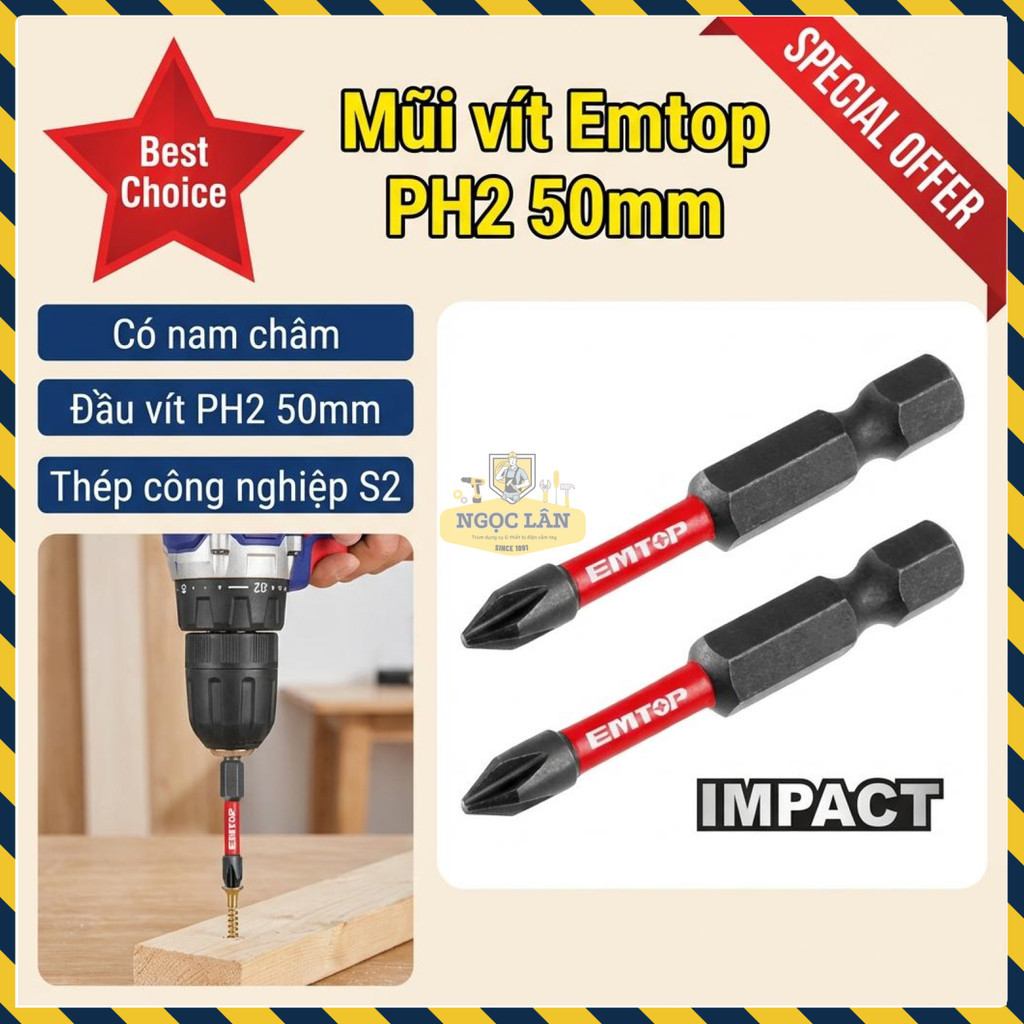 Mũi Vít Tác Động Emtop ESBTM5PH250 PH2 50mm Thép S2 (2 Cái)