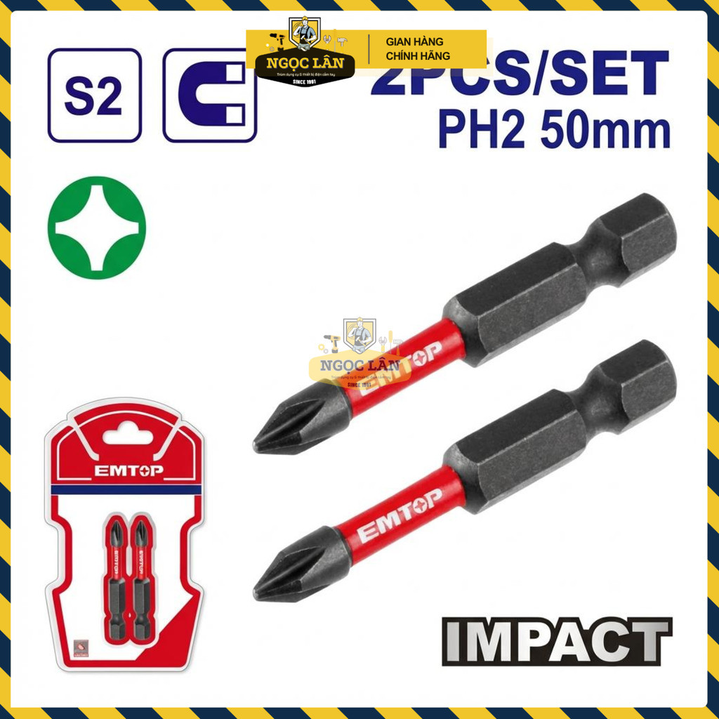 Mũi Vít Tác Động Emtop ESBTM5PH250 PH2 50mm Thép S2 (2 Cái) - Ảnh 2