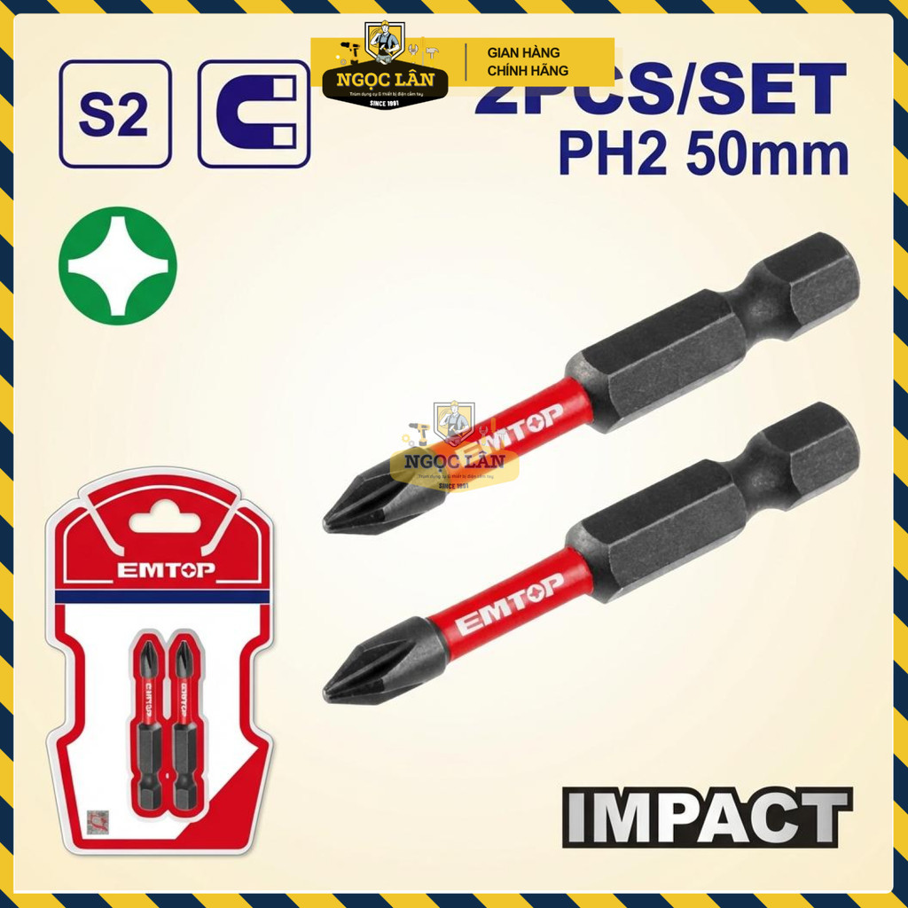 Mũi Vít Tác Động Emtop ESBTM5PH250 PH2 50mm Thép S2 (2 Cái) - Ảnh 3