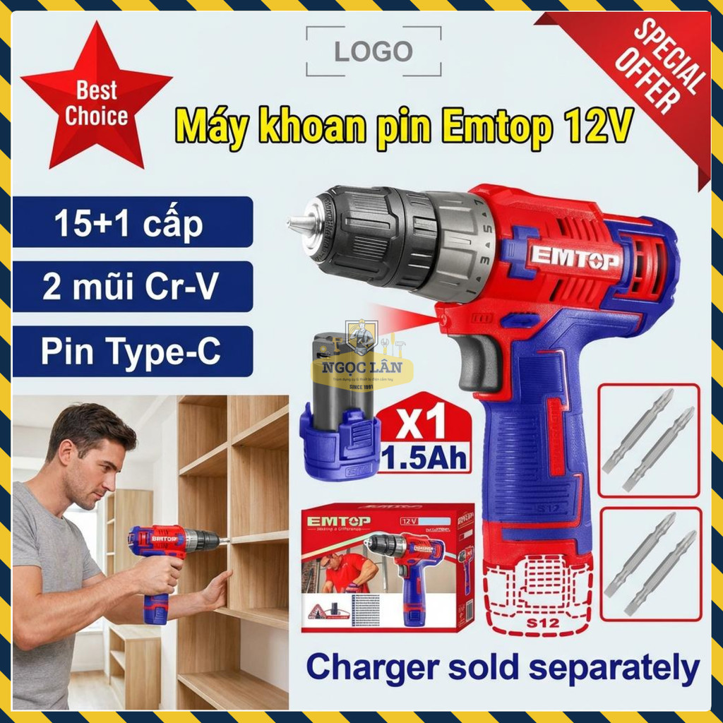 Máy Khoan Pin Emtop 12V 20Nm Type-C Kèm 2 Mũi Cr-V (ECDL12510)