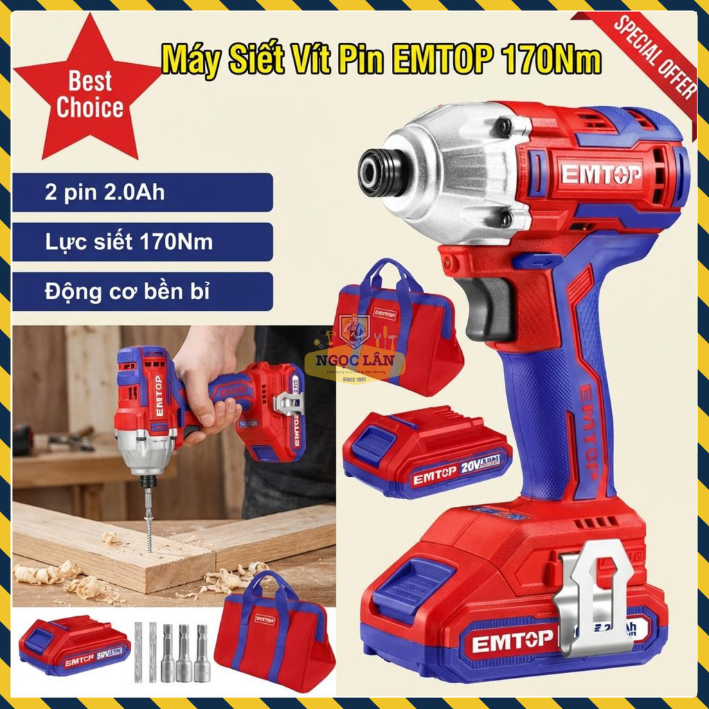 Máy Siết Vít Pin Emtop ECDLIR20221 Động Cơ Không Chổi Than, Kèm 2 Pin 2.0Ah